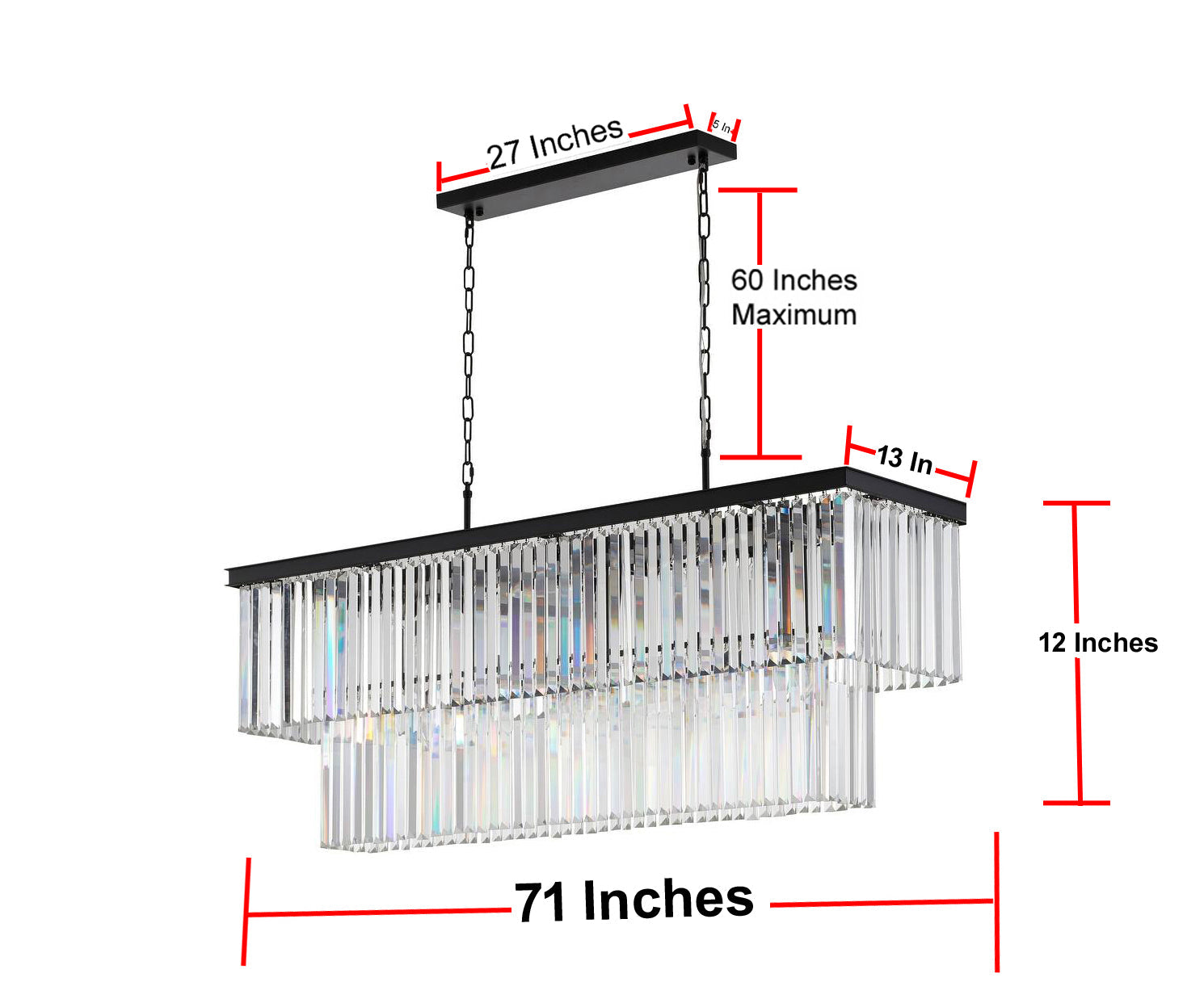 15 Lights Elegant Retro Rectangular Glass Fringe Chandelier, Palladium Style 71" Long Ceiling Light