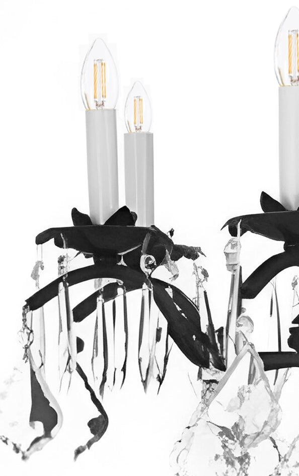 15-Light Wrought Iron Crystal Chandelier Black Finish, 36"x36" Large Rustic Vintage Barn Metal Ceiling Light