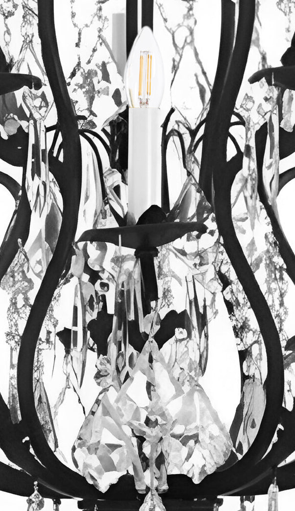 15-Light Wrought Iron Crystal Chandelier Black Finish, 36"x36" Large Rustic Vintage Barn Metal Ceiling Light