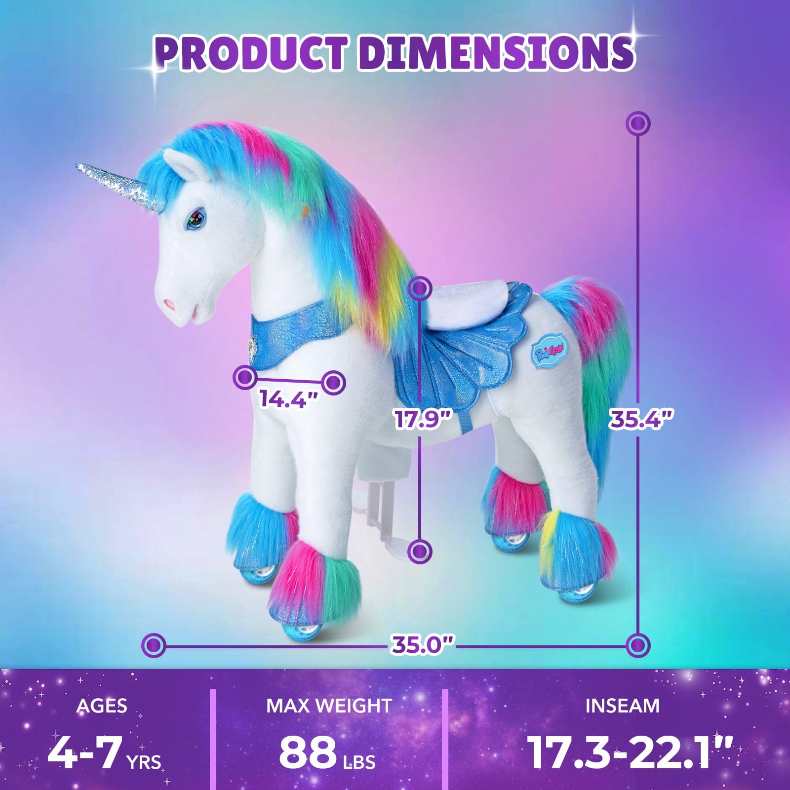 PonyCycle Model Y® Ride-On Unicorn, Rainbow - Rideable Toy for Kids Age 4-7, Mechanical Walking Unicorn Ride-On Toy