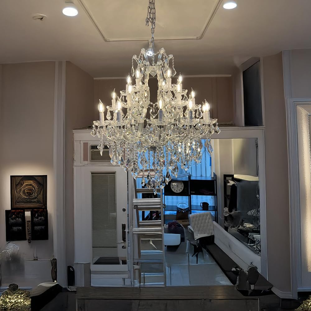 24-Light Large Modern Crystal Chandelier, 3-Layer High Ceiling Lighting Fixture for Lobby, Foyer, Staircase & Entrance Hall