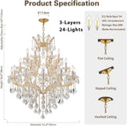 24-Light Large Gold Modern Crystal Chandelier, 3-Layer Luxury Ceiling Light Fixture for Lobby, Foyer, Staircase & Entrance Hall