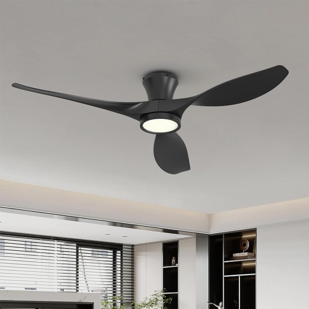 52" Black Flush Mount Ceiling Fan with LED Light & Remote - DC Motor, Reversible, Low Profile V22-17