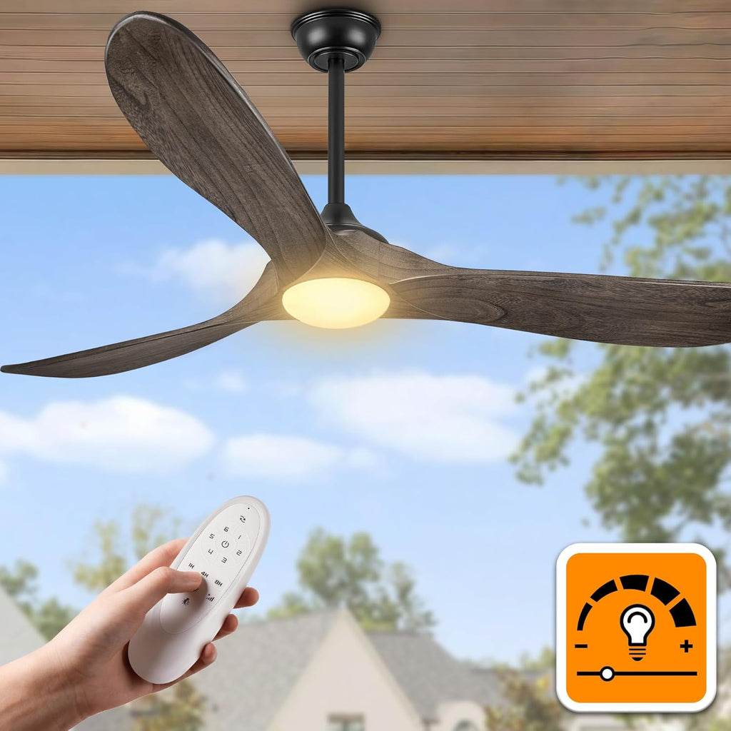 52″ Farmhouse Outdoor Ceiling Fan with Lights - Dimmable Solid Wood, Remote-Controlled, 3-Blade Propeller Design for Patio, Indoor Bedroom - Deep Brown