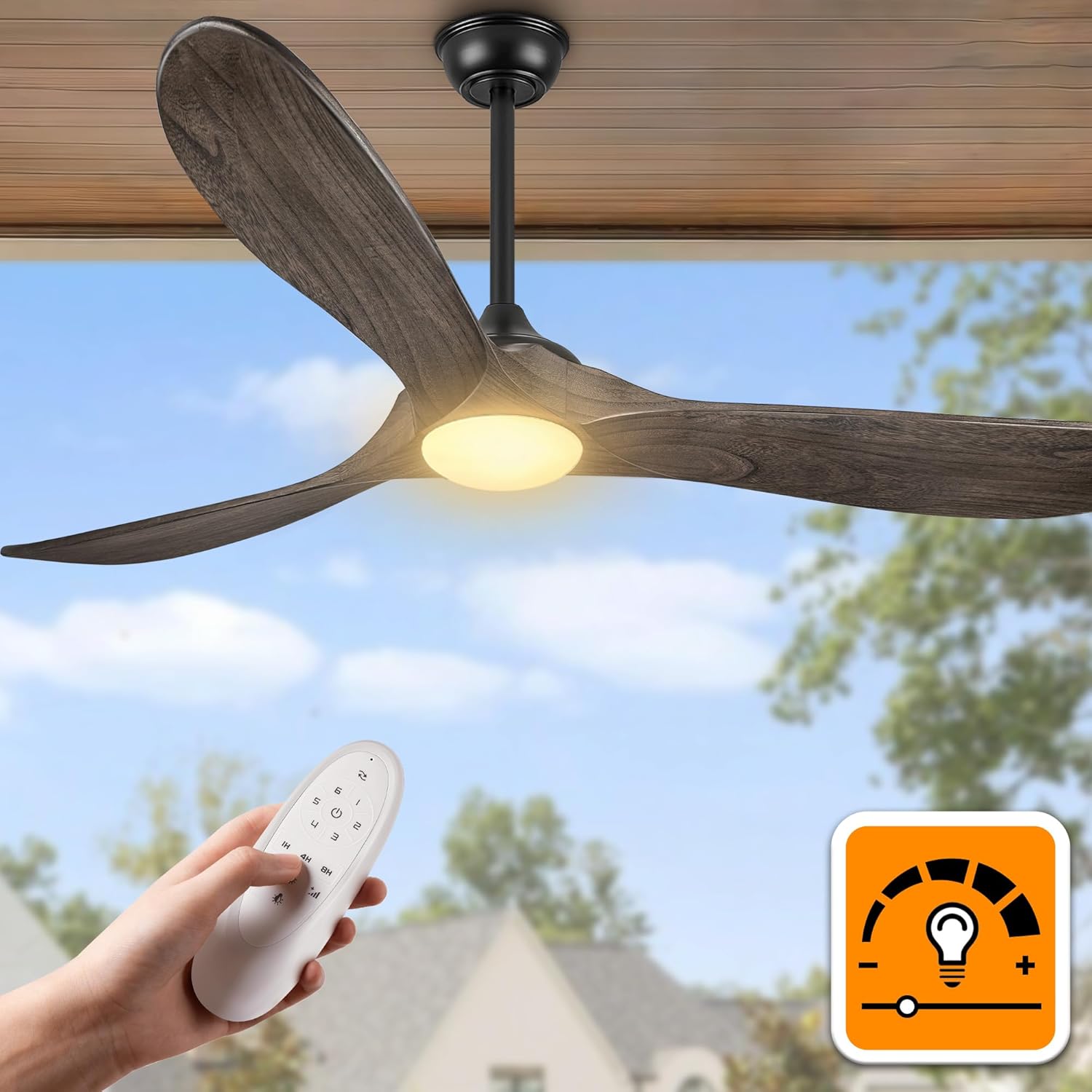 52″ Farmhouse Outdoor Ceiling Fan with Lights - Dimmable Solid Wood, Remote-Controlled, 3-Blade Propeller Design for Patio, Indoor Bedroom - Deep Brown