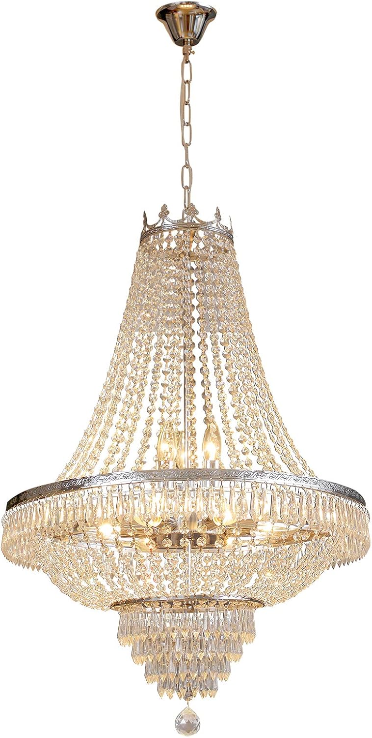9-Light French Empire Crystal Chandelier, Silver Ceiling Lighting Fixture for Living Room, Dining Room, Foyer & Entryway