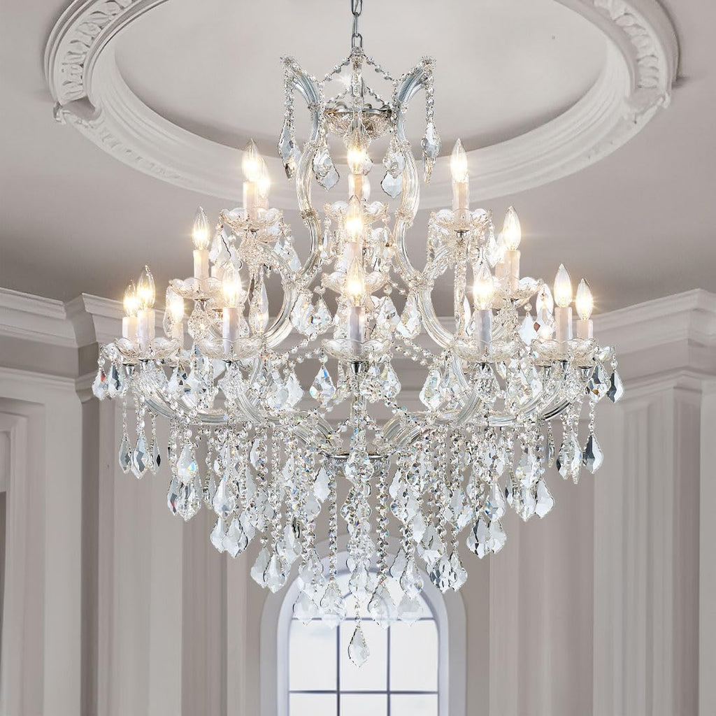 24-Light Large Modern Crystal Chandelier, 3-Layer High Ceiling Lighting Fixture for Lobby, Foyer, Staircase & Entrance Hall
