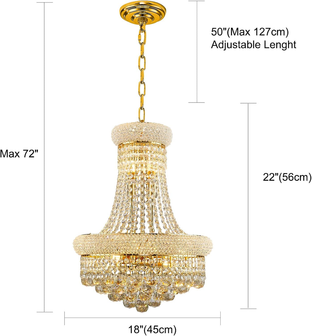 10 Lights Gold Finish Empire Crystal Chandelier Lighting for Dining Room Living Room Foyer Hallway Bedroom Entryway 18"W x 22"H V22-27