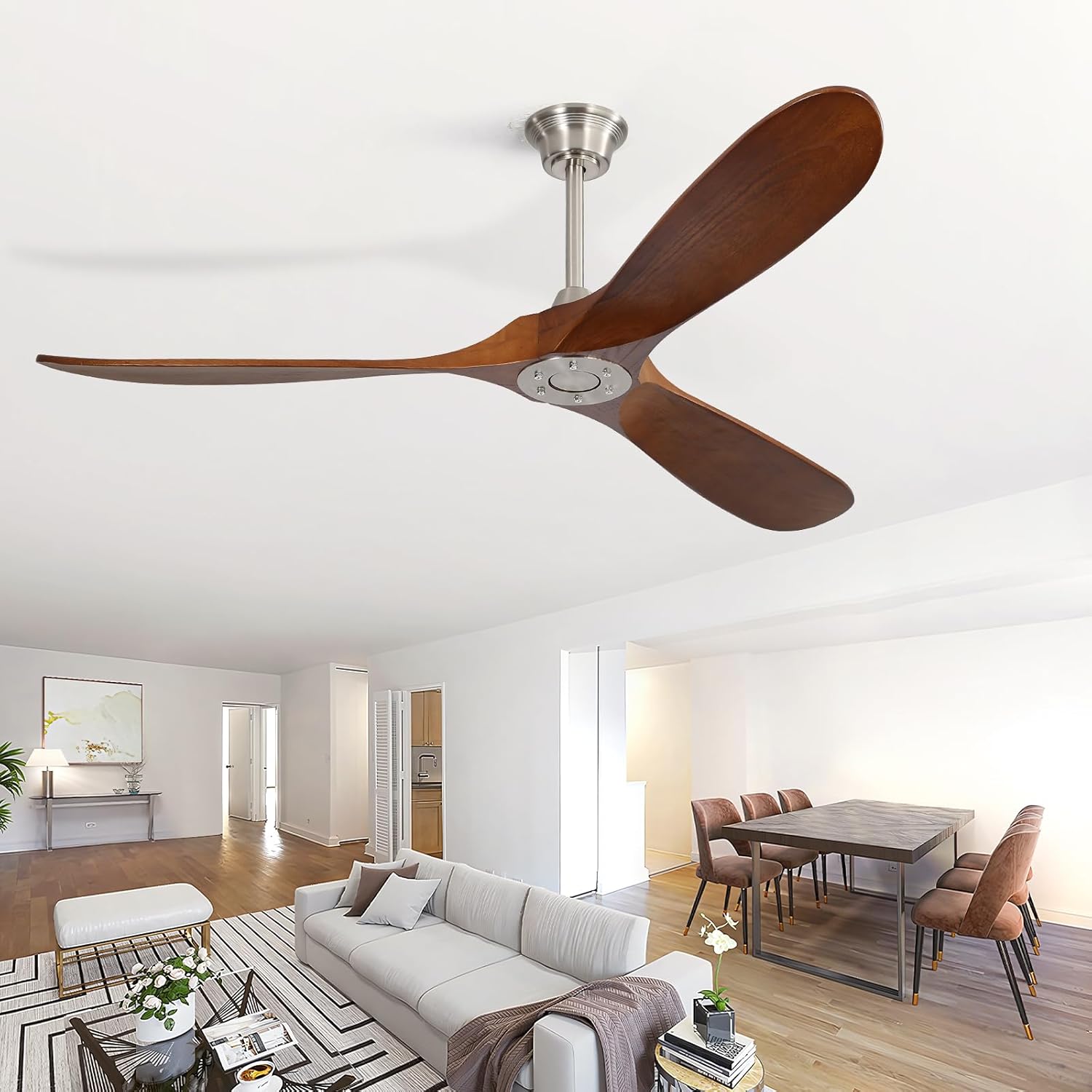 60″ Solid Wood Ceiling Fan Without Light Brown - Quiet Operation, Remote-Controlled, 3-Blade Design for Indoor & Outdoor Use