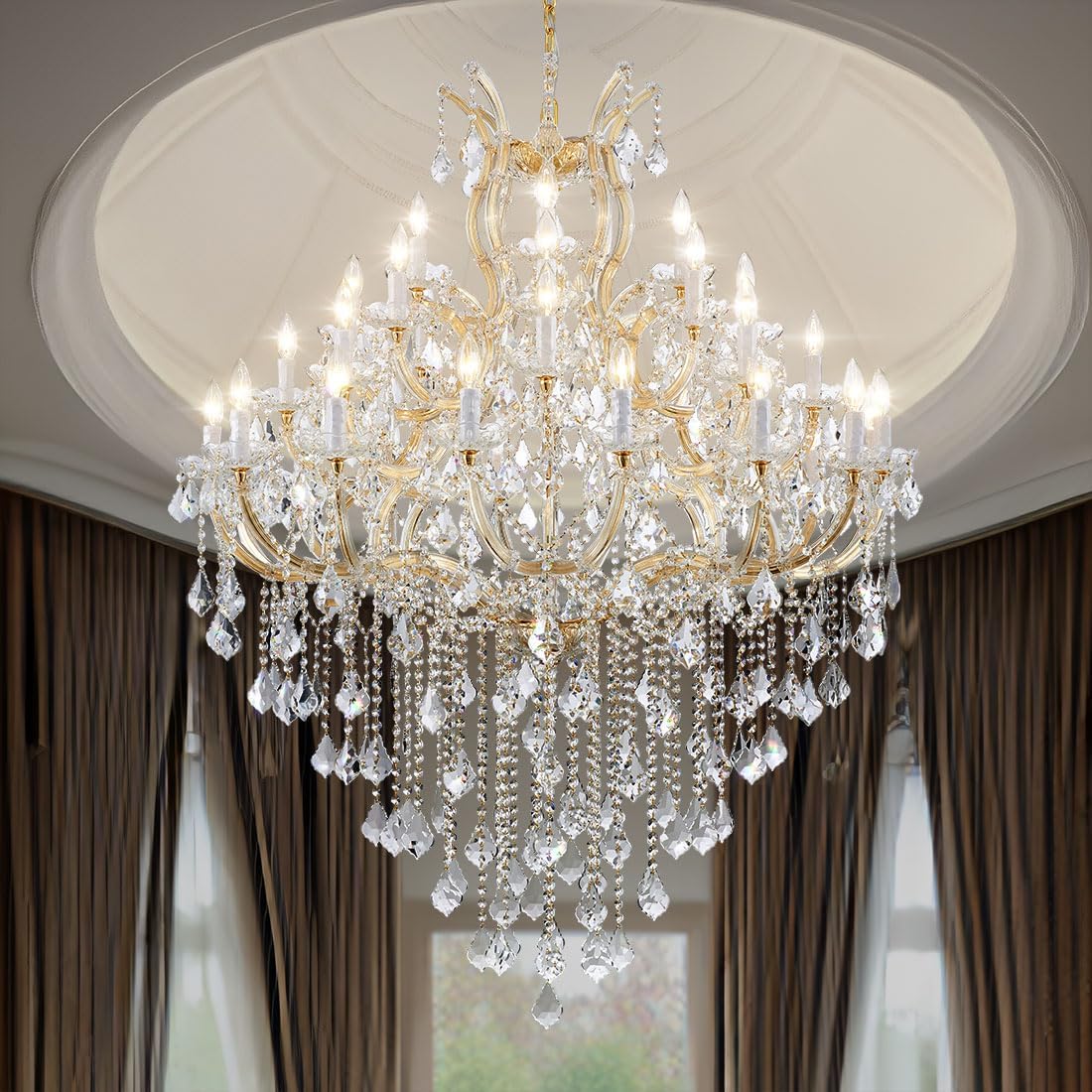 36-Light Large Gold Modern Crystal Chandelier, 4-Layer Luxury Ceiling Light Fixture for Hotel, Lobby, Foyer & Staircase