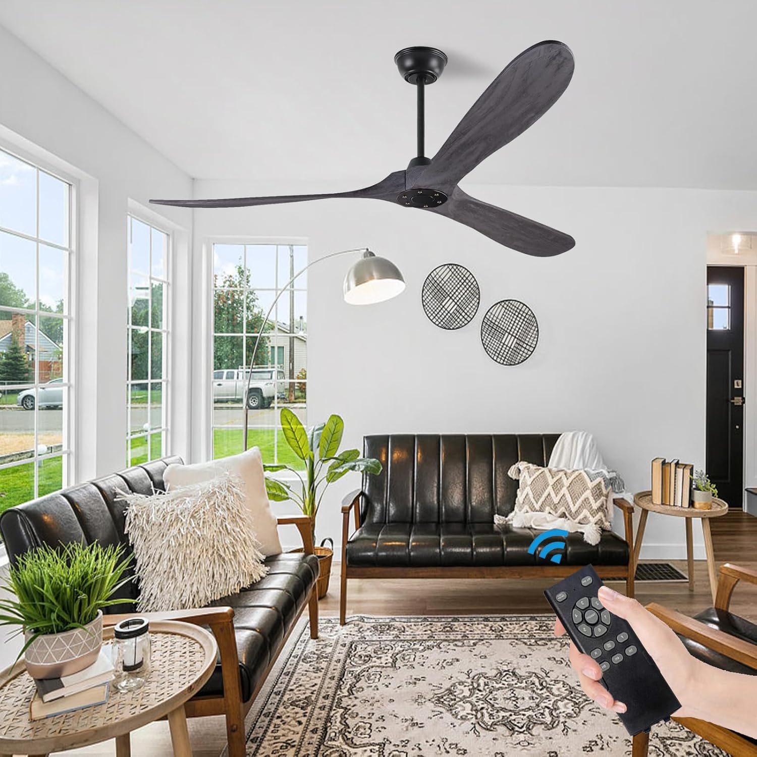 60" Ceiling Fan No Light, Mid-Century Modern 3-Blade Wooden Fan with Downrod (Grey)