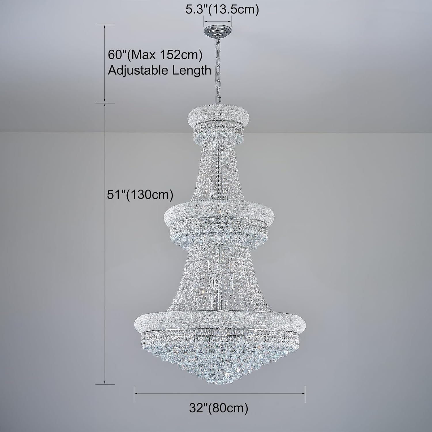 31 Lights Silver Finish Large Empire Crystal Chandelier Three-Tier, High Ceiling Chandelier Light fixtures for Foyer Staircase Living Room Entryway 51"H x 32"W V22-29