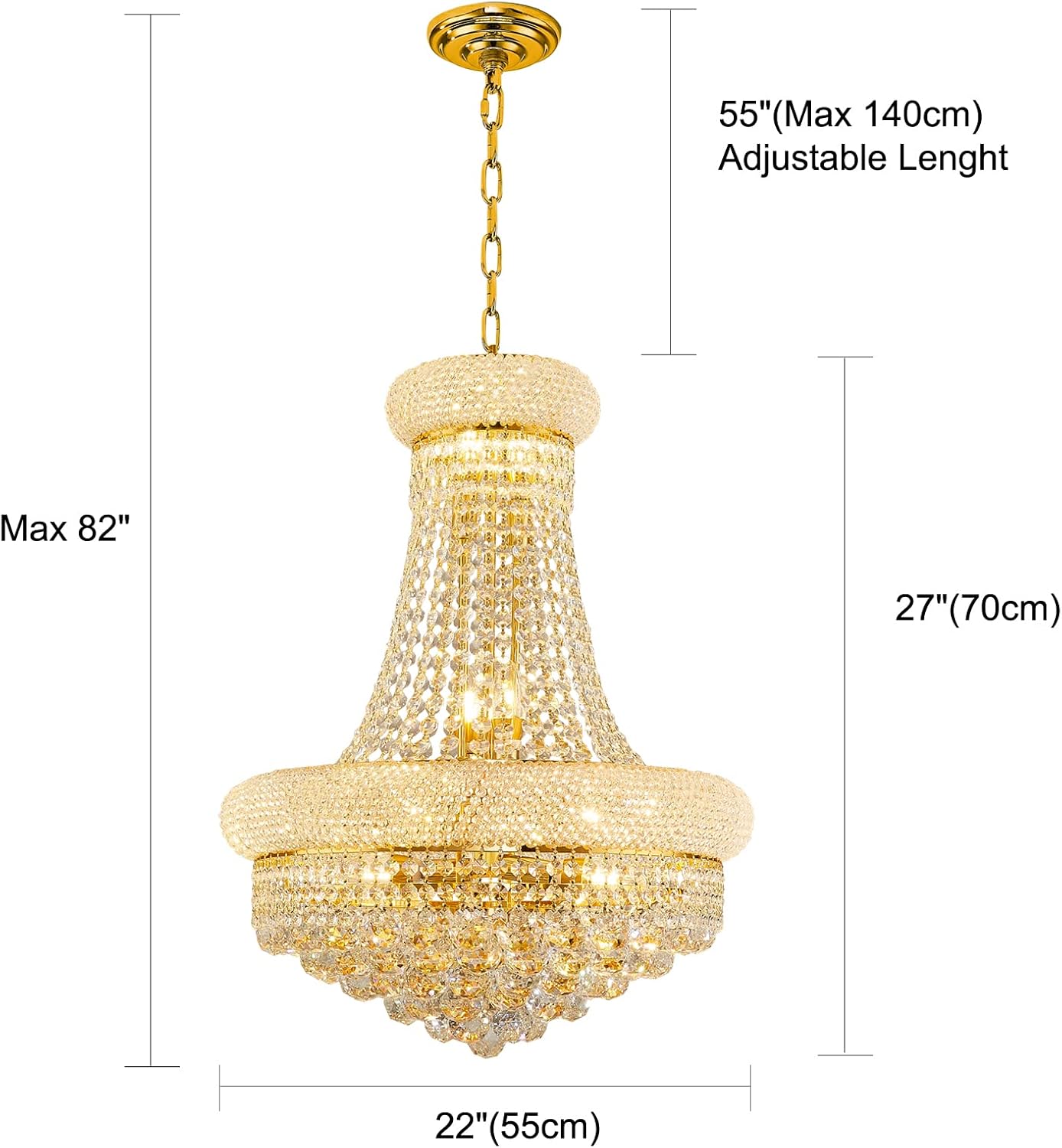 12-Light Gold Empire Style Crystal Chandelier for Living Room, Stairway, and Dining Room (22"W x 27"H) V22-22
