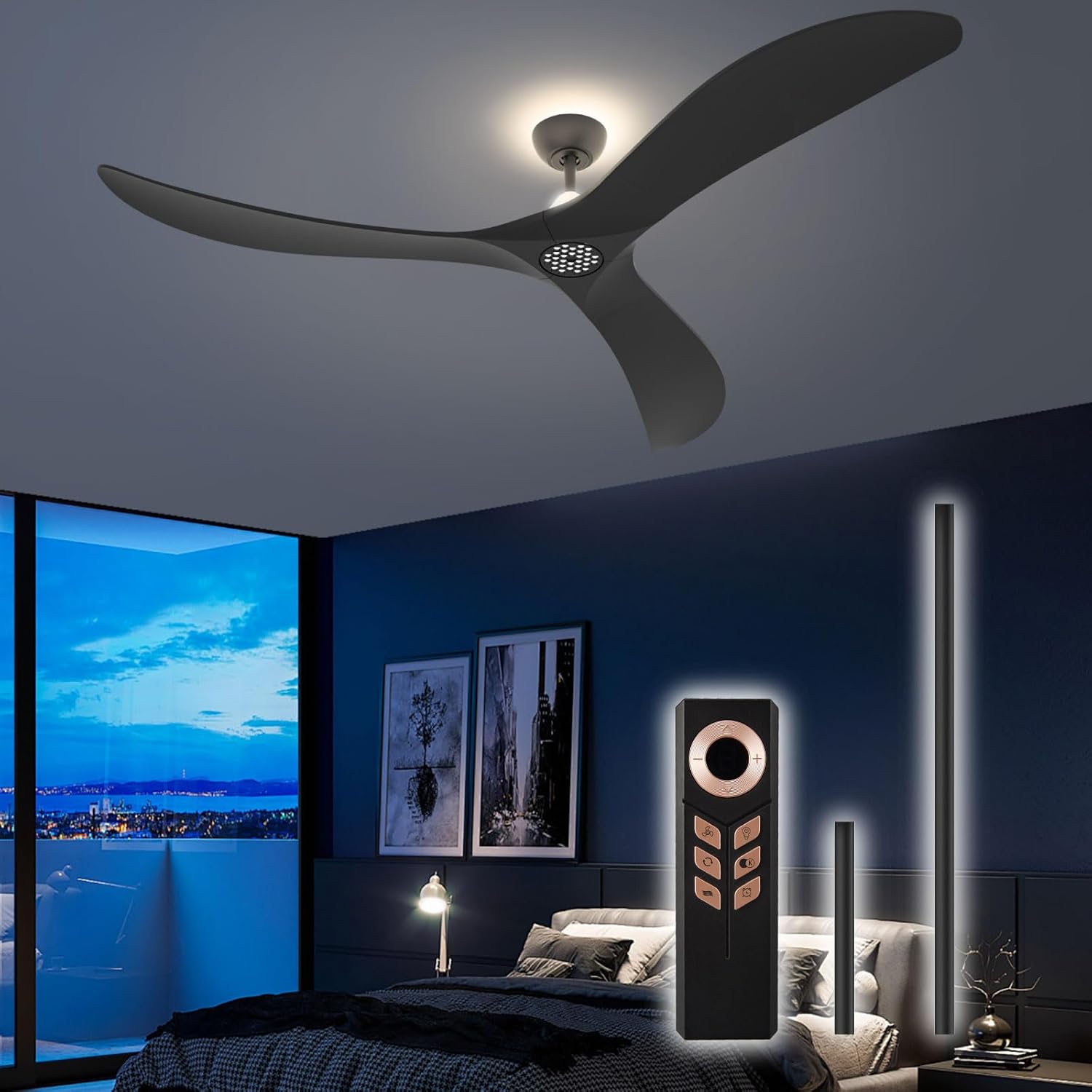 72" Black Ceiling Fan with LED Light & Remote - DC Motor, Solid Wood Blades, Flush Mount V22-20
