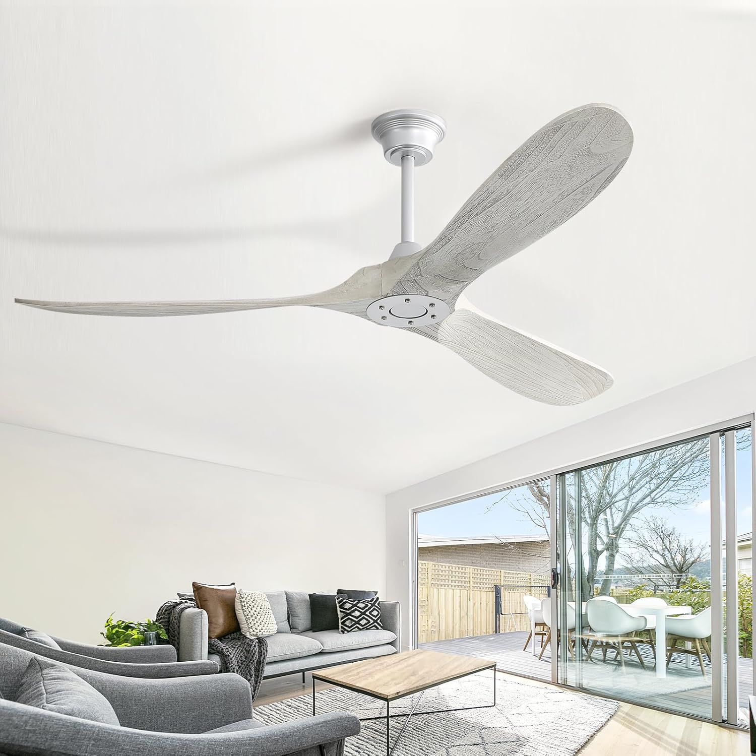 60″ Solid Wood Ceiling Fan Without Light - Farmhouse Grey, Quiet 3-Blade Design, Remote-Controlled for Indoor & Outdoor Use