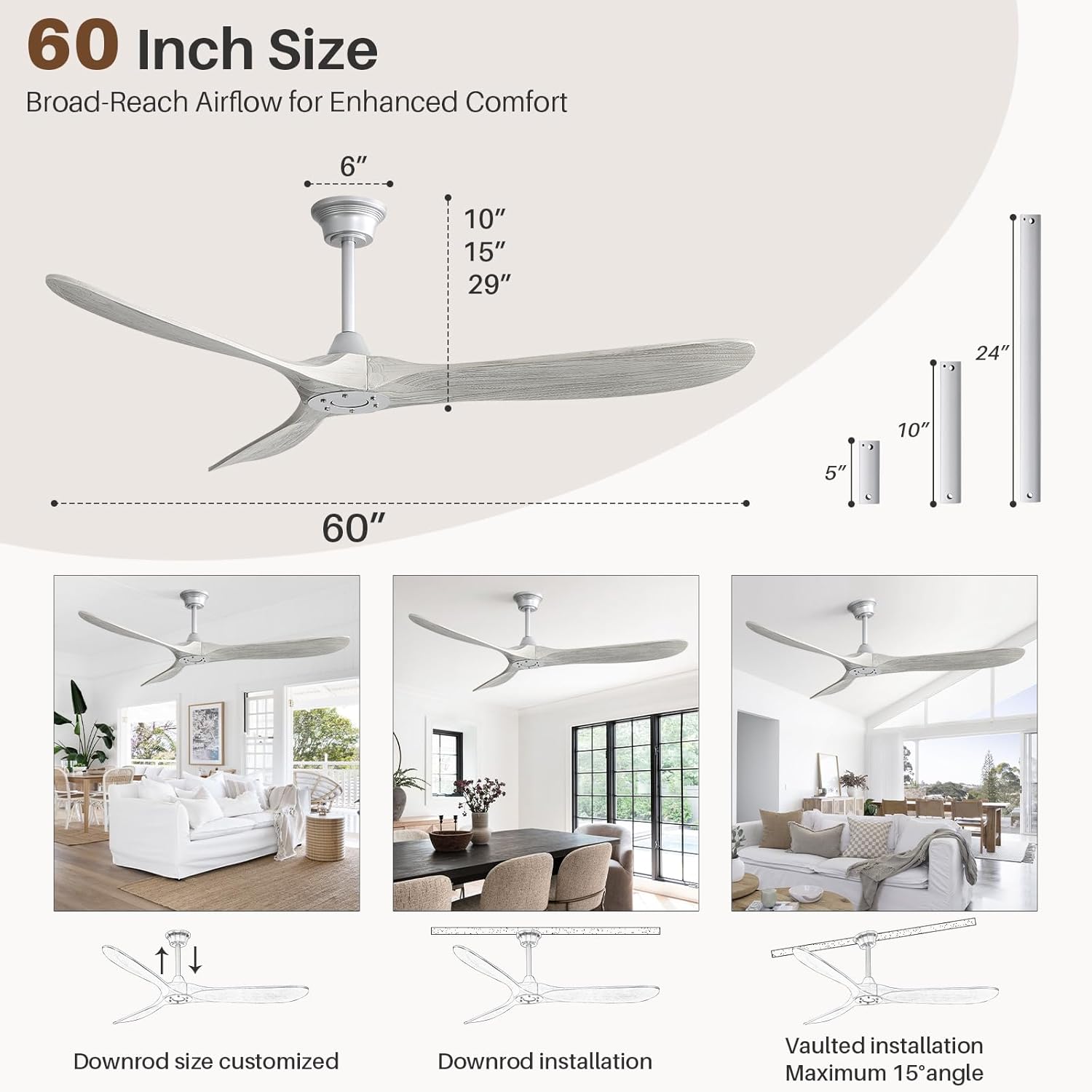60″ Solid Wood Ceiling Fan Without Light - Farmhouse Grey, Quiet 3-Blade Design, Remote-Controlled for Indoor & Outdoor Use