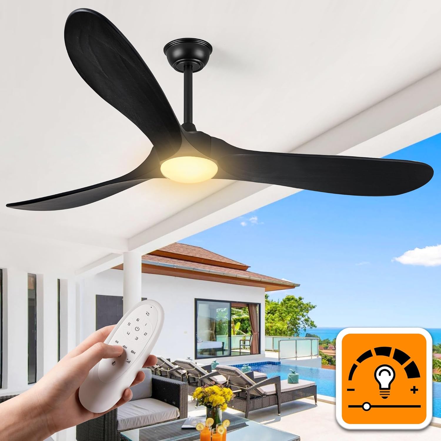 60″ Solid Wood Ceiling Fan with Lights - Matte Black, Remote-Controlled, Propeller-Style, DC Motor, ETL Listed for Outdoor Porch & Farmhouse