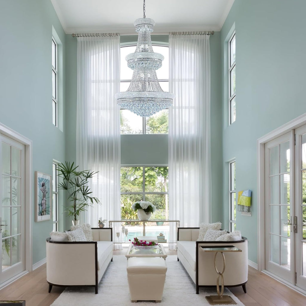 31 Lights Silver Finish Large Empire Crystal Chandelier Three-Tier, High Ceiling Chandelier Light fixtures for Foyer Staircase Living Room Entryway 51"H x 32"W V22-29