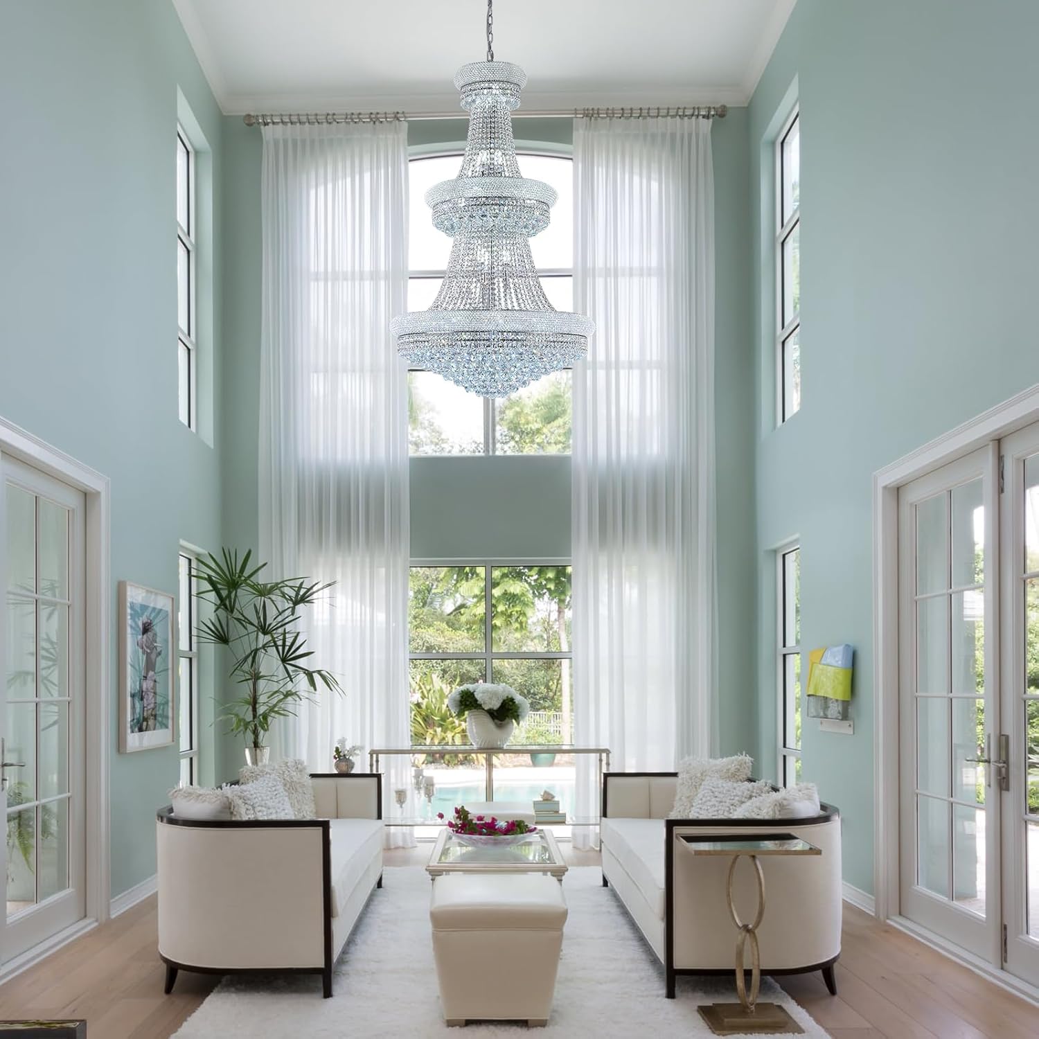 31 Lights Silver Finish Large Empire Crystal Chandelier Three-Tier, High Ceiling Chandelier Light fixtures for Foyer Staircase Living Room Entryway 51"H x 32"W V22-29