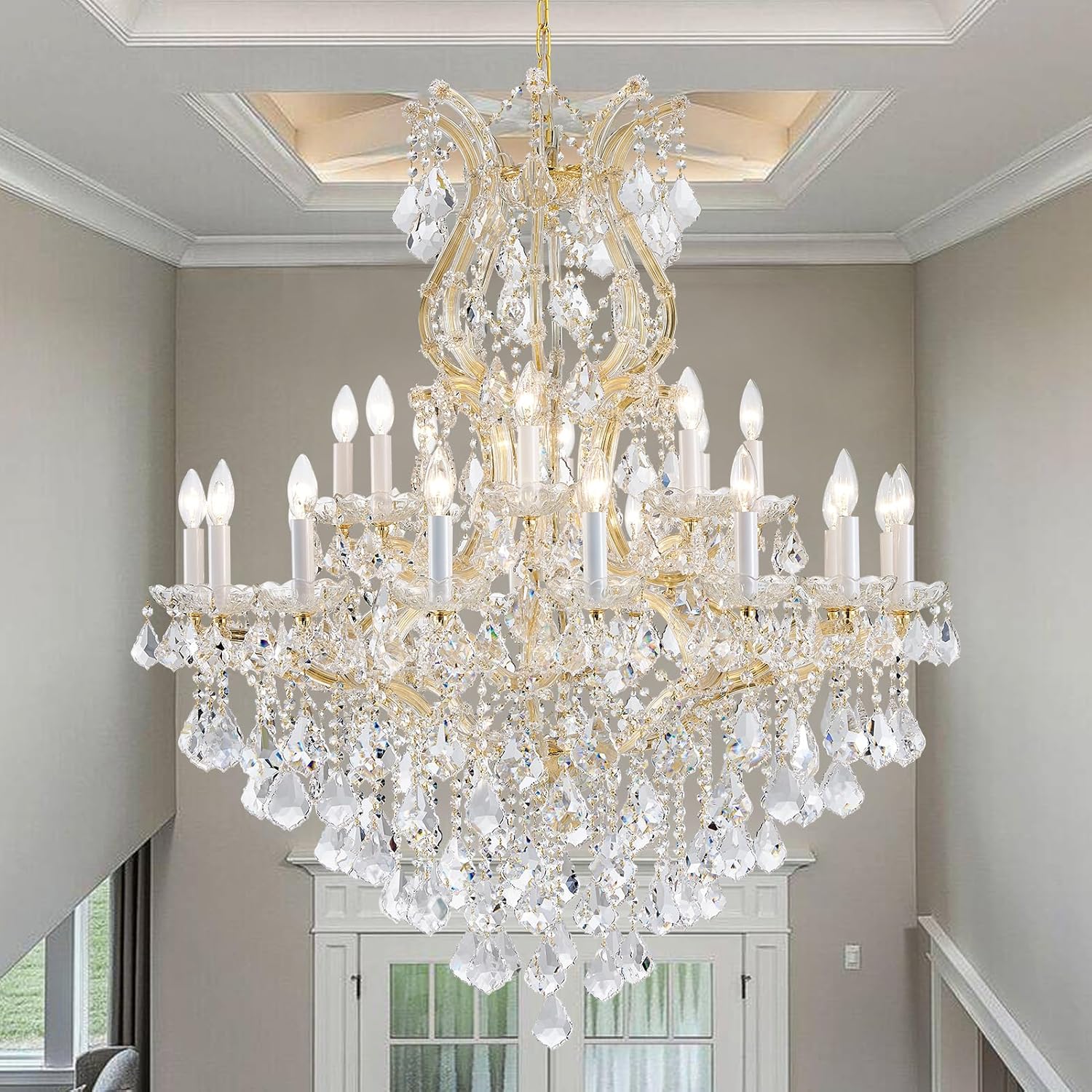 24-Light Gold Large Crystal Chandelier, Modern Maria Theresa Chandelier Lighting for Foyer, Entryway, Staircase & Dining Room