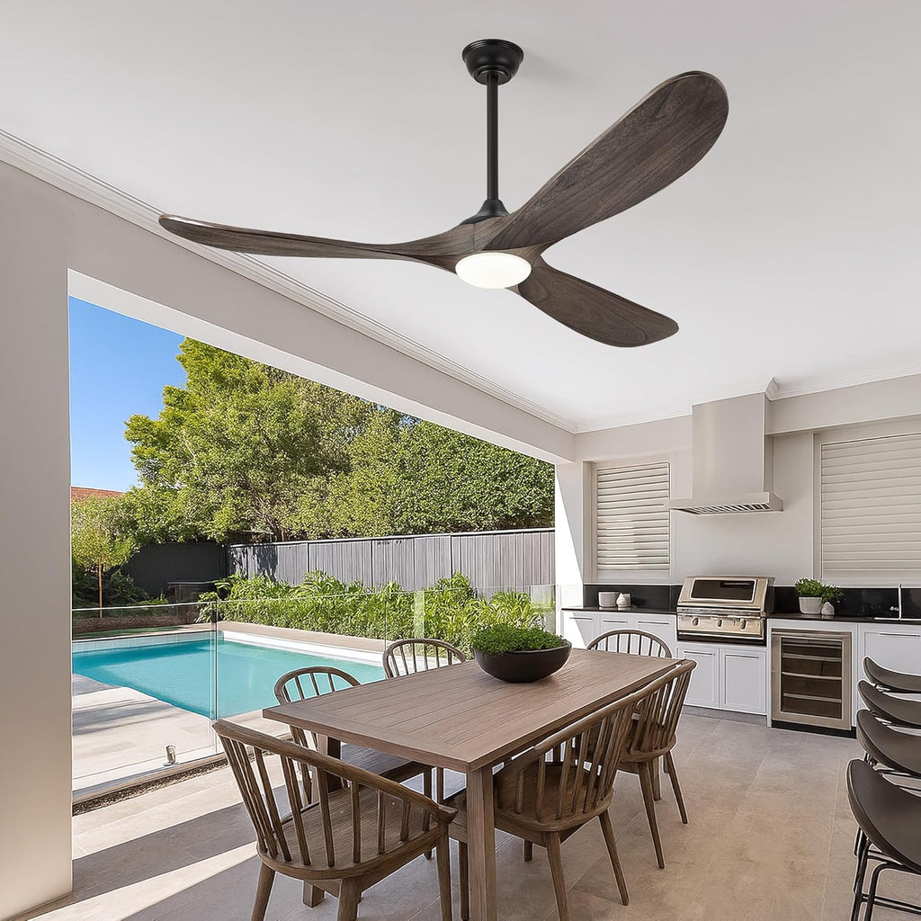 52″ Farmhouse Outdoor Ceiling Fan with Lights - Dimmable Solid Wood, Remote-Controlled, 3-Blade Propeller Design for Patio, Indoor Bedroom - Deep Brown