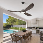 52″ Farmhouse Outdoor Ceiling Fan with Lights - Dimmable Solid Wood, Remote-Controlled, 3-Blade Propeller Design for Patio, Indoor Bedroom - Deep Brown