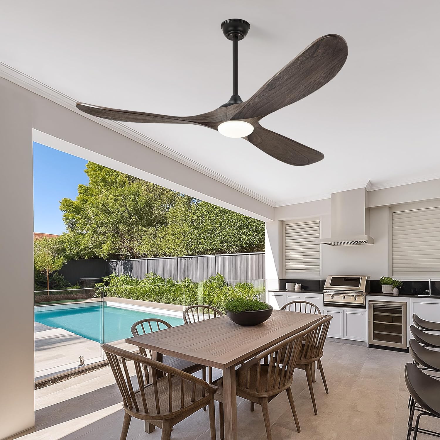 52″ Farmhouse Outdoor Ceiling Fan with Lights - Dimmable Solid Wood, Remote-Controlled, 3-Blade Propeller Design for Patio, Indoor Bedroom - Deep Brown