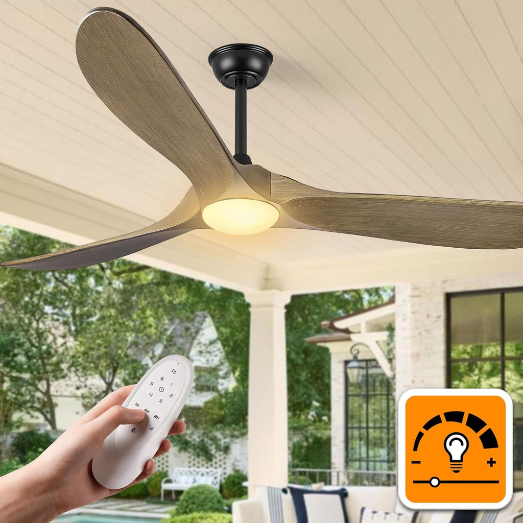 52″ Outdoor Ceiling Fan with Lights - Dimmable Solid Wood, Remote Control, 3-Blade Propeller Design for Patio, Bedroom, Indoor Use - Bronze Grey