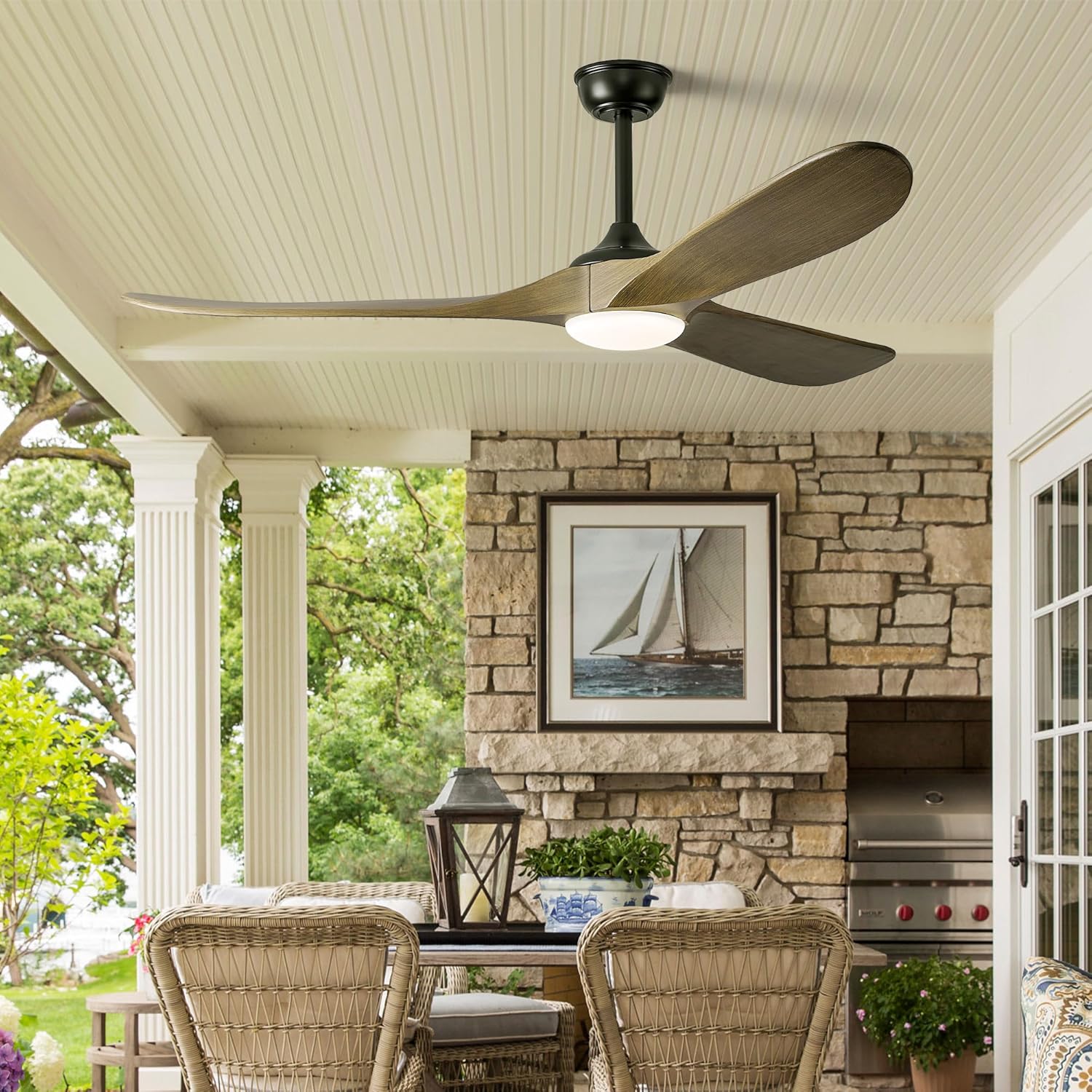 52″ Outdoor Ceiling Fan with Lights - Dimmable Solid Wood, Remote Control, 3-Blade Propeller Design for Patio, Bedroom, Indoor Use - Bronze Grey