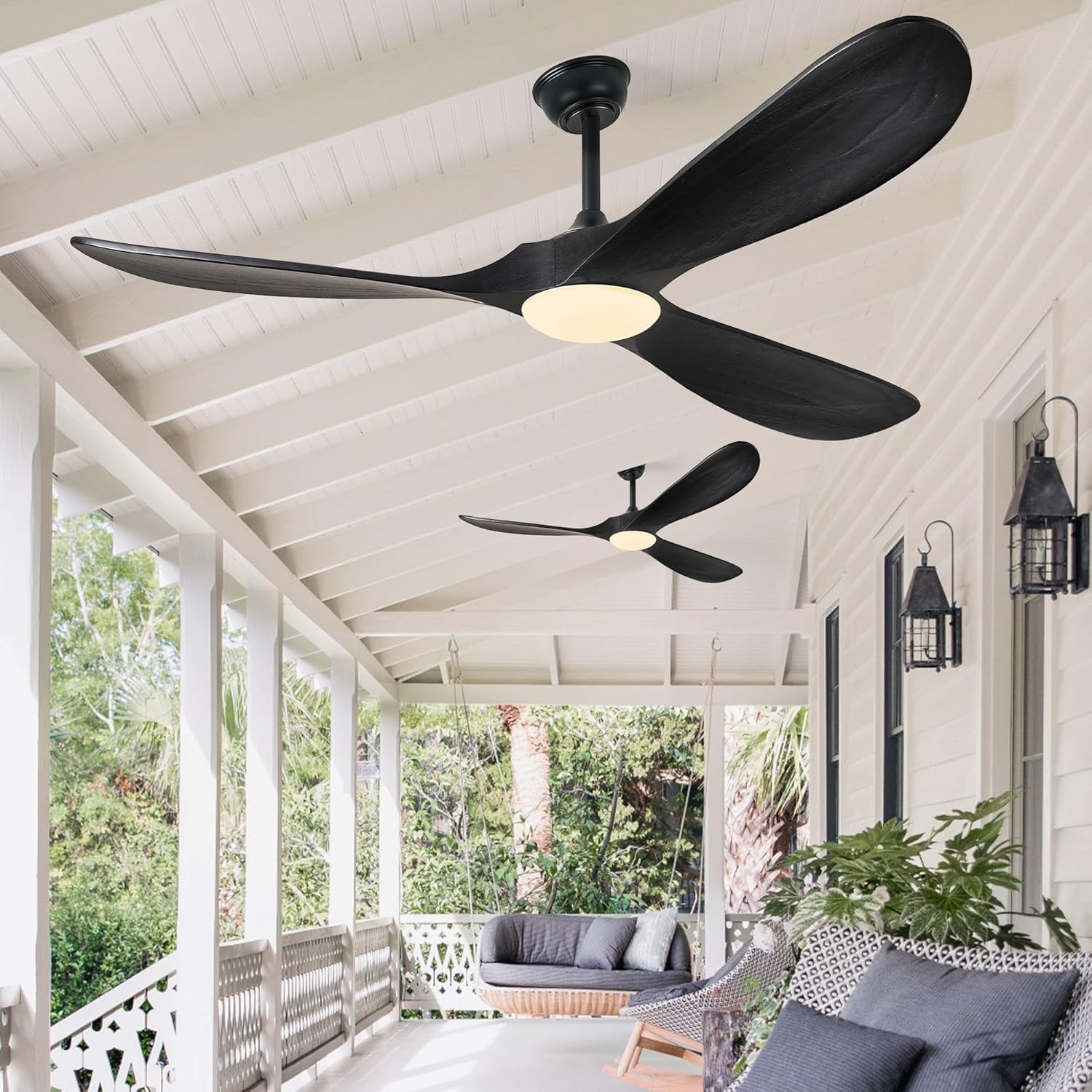 60″ Solid Wood Ceiling Fan with Lights - Matte Black, Remote-Controlled, Propeller-Style, DC Motor, ETL Listed for Outdoor Porch & Farmhouse
