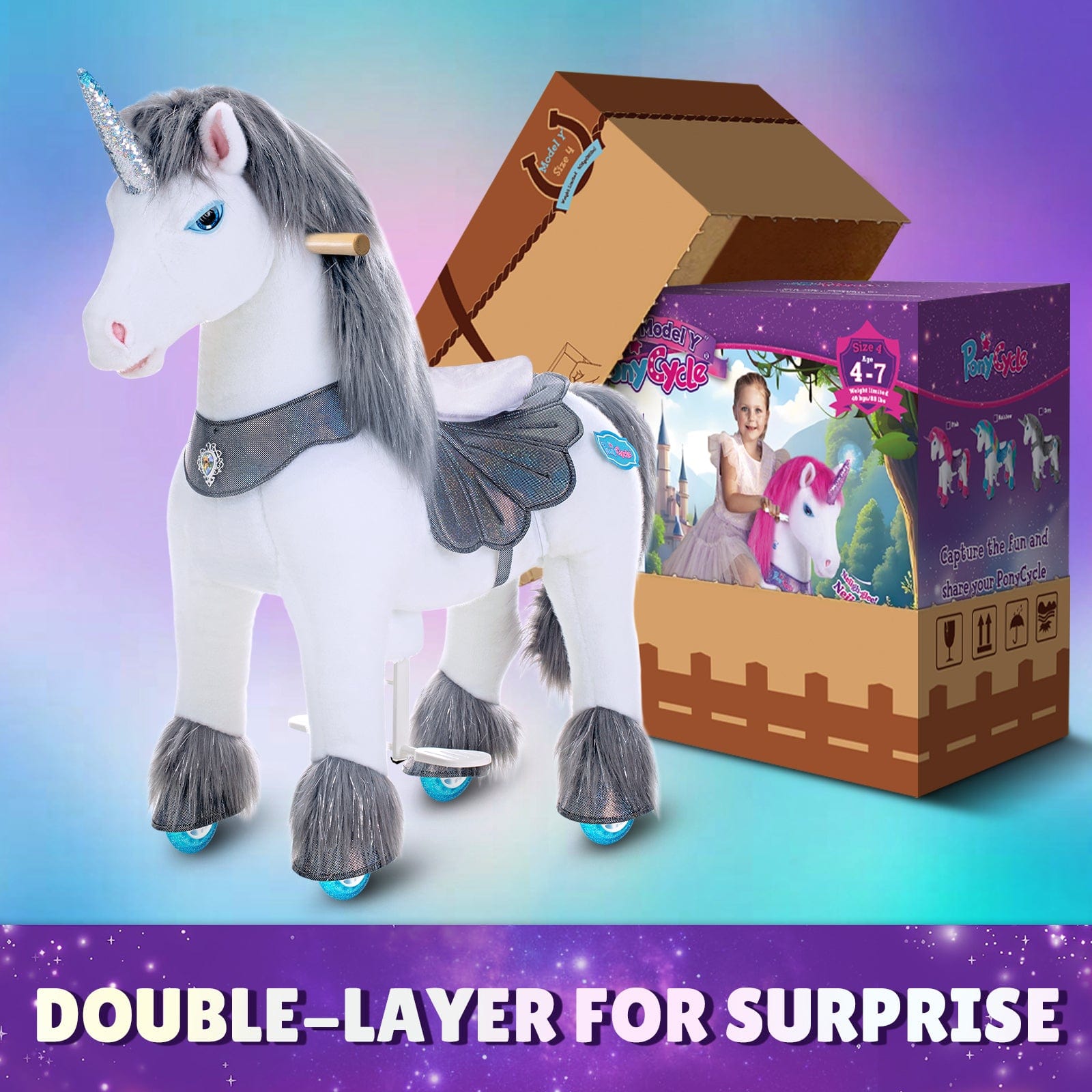 PonyCycle Model Y® Ride-On Unicorn, Grey - Rideable Toy for Kids Age 4-7, Mechanical Walking Unicorn Ride-On Toy