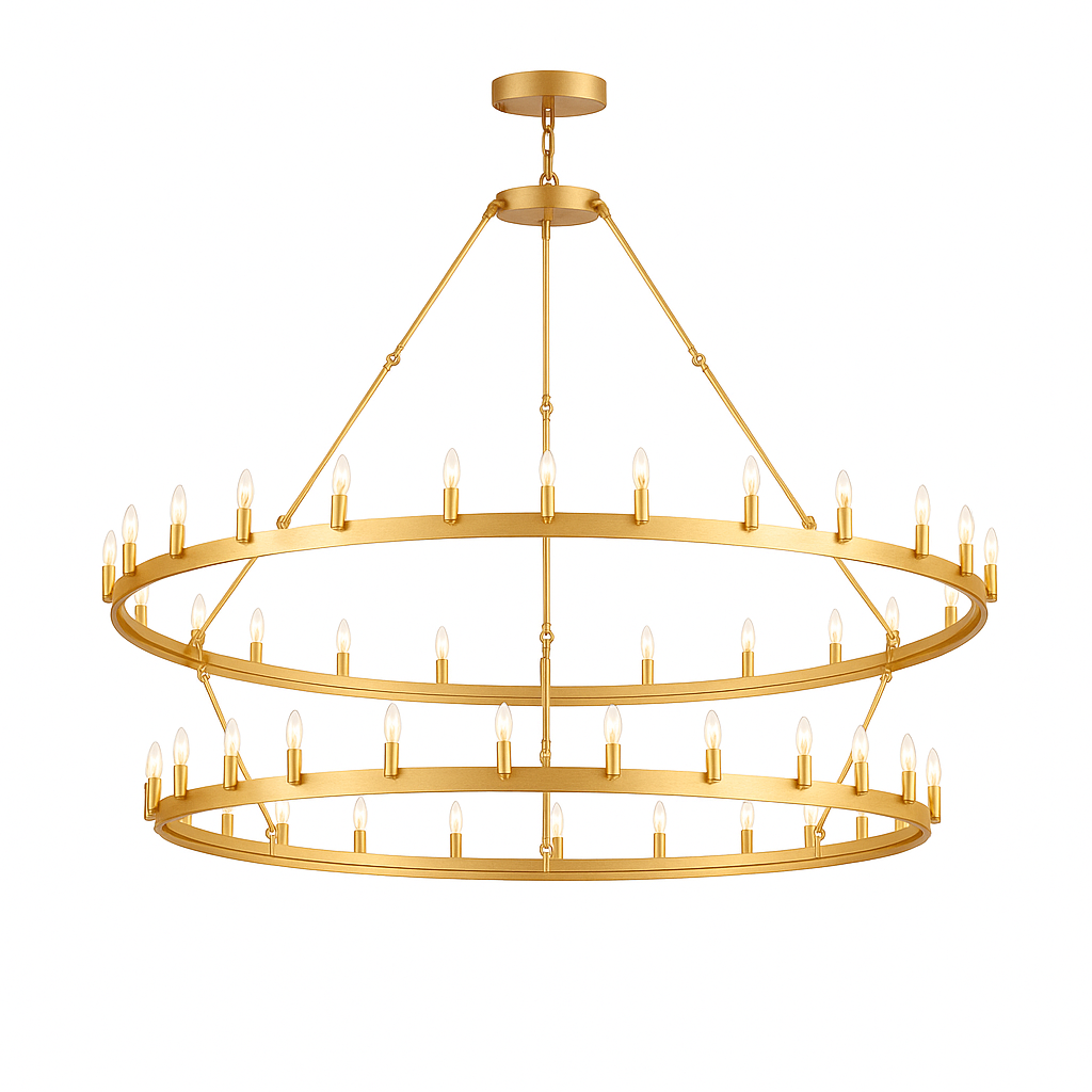 Vintage Castile Iron Chandelier 54 Lights Dual Tier Rustic Barn Lighting for Loft & Industrial Spaces (63" Wide x 60" High) Gold, V21-02