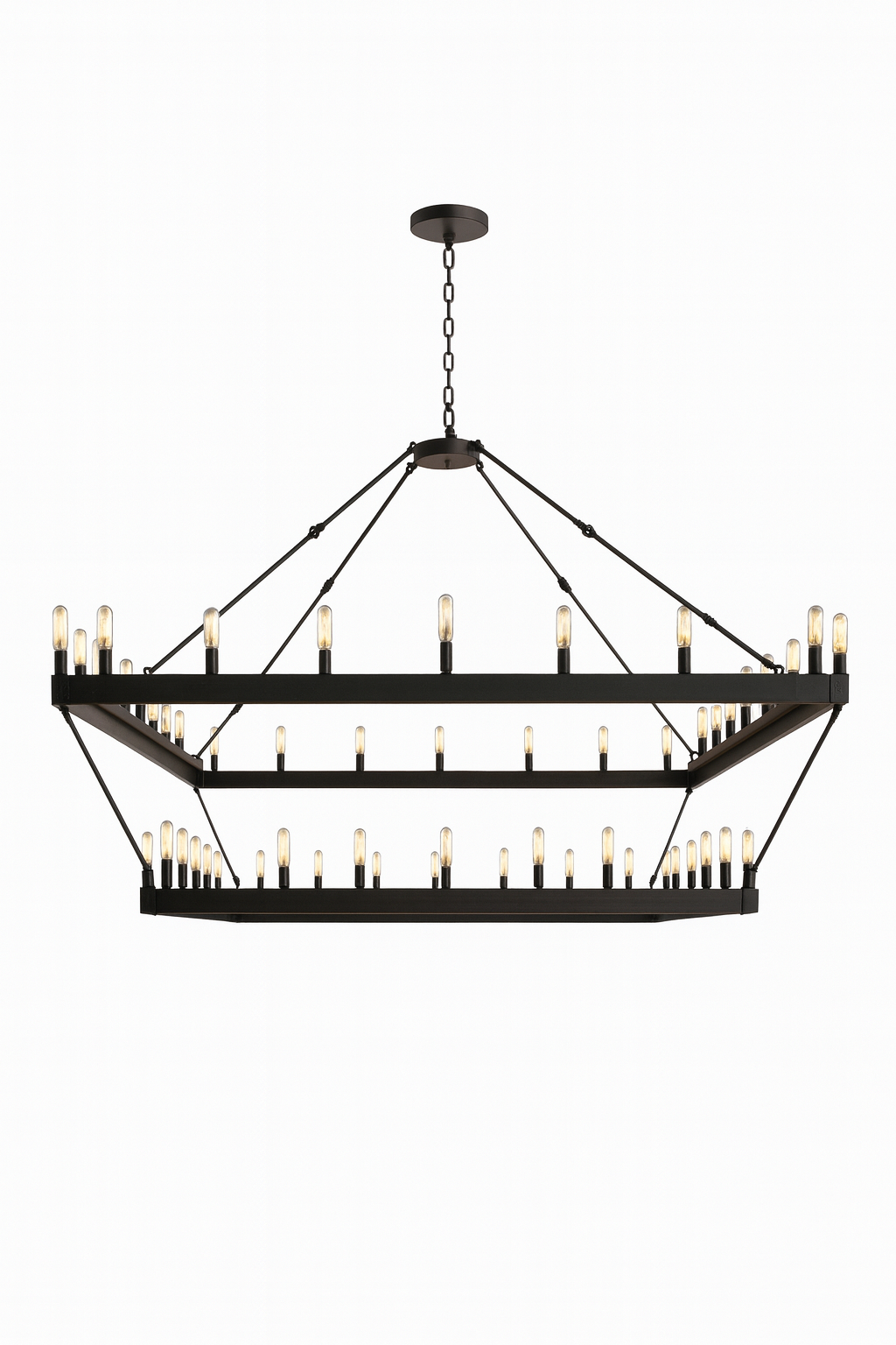 Wrought Iron Two-Tier Square Chandelier 52 Lights - Vintage Barn Castile Style, Rustic Industrial Loft Lighting, 63"W x 60"H Black, V21-03