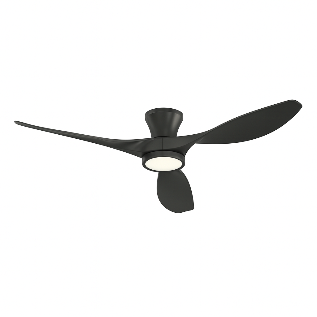 52" Black Flush Mount Ceiling Fan with LED Light & Remote - DC Motor, Reversible, Low Profile V22-17
