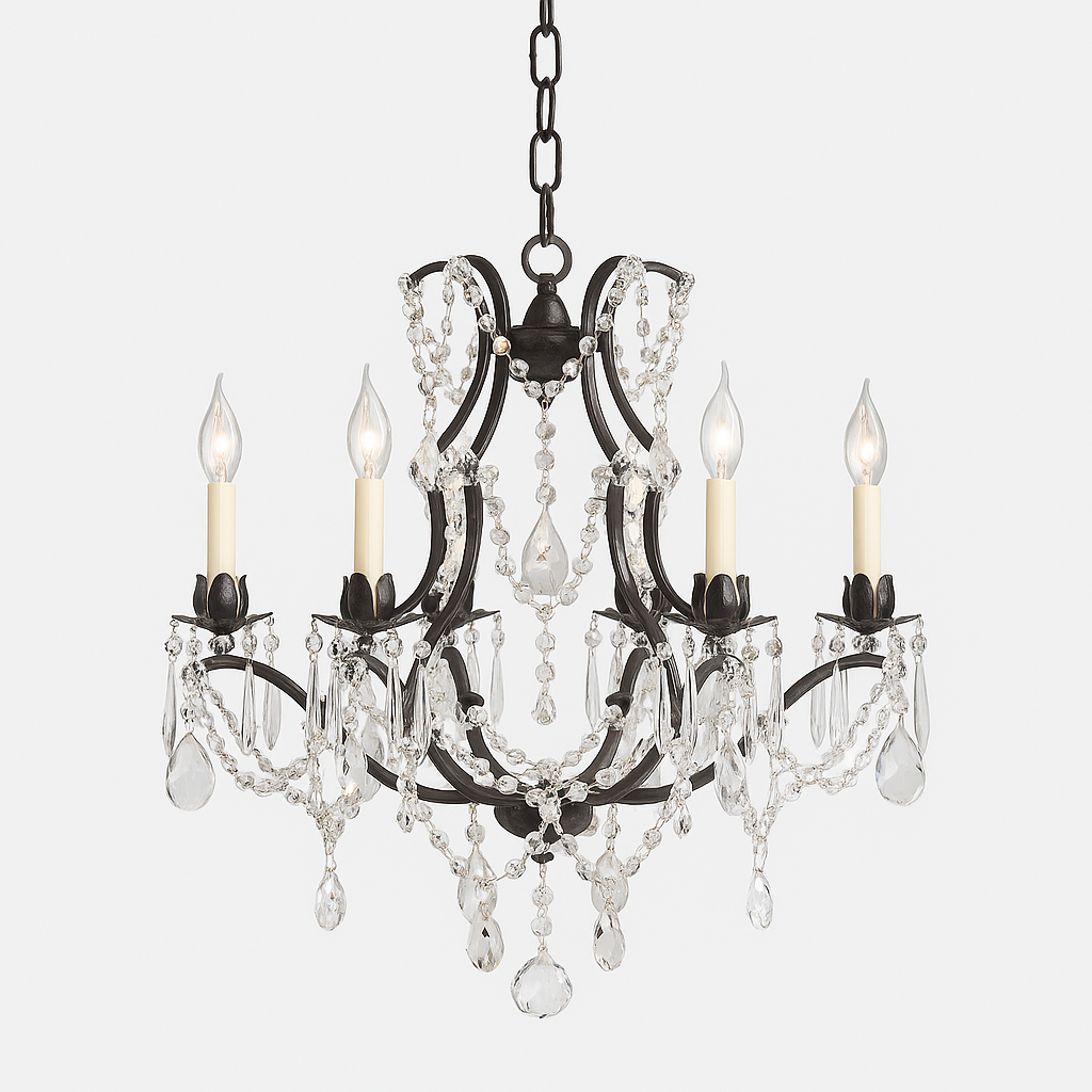 6 Light Wrought Iron Crystal Chandelier - 19"x20" European-Inspired Elegance for Refined Spaces