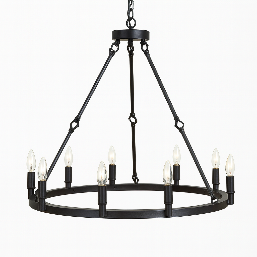 12-Light Vintage Rustic Chandelier Black Finish, Wrought Iron Barn-Style Castile One-Tier Industrial Lighting Fixture