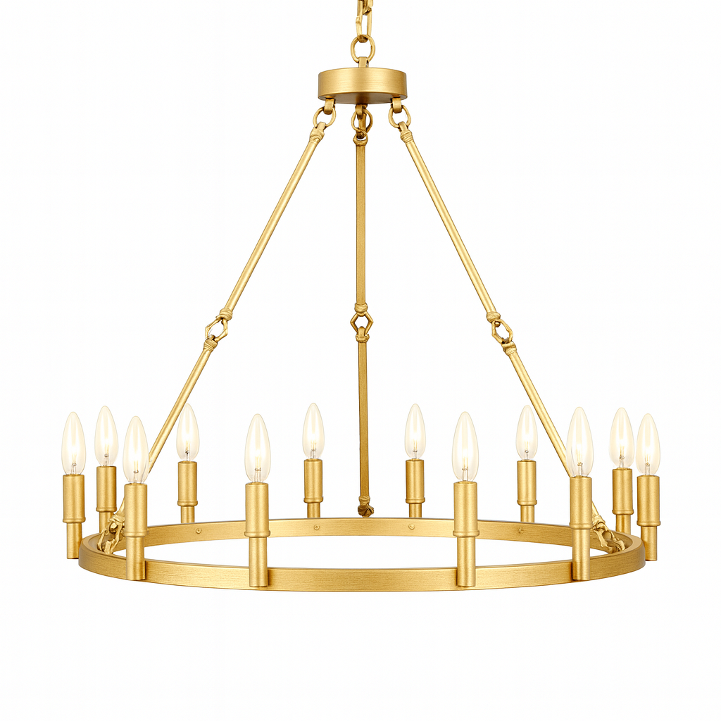 12-Light Vintage Rustic Chandelier Gold Finish, Wrought Iron Barn-Style Castile One-Tier Industrial Lighting Fixture