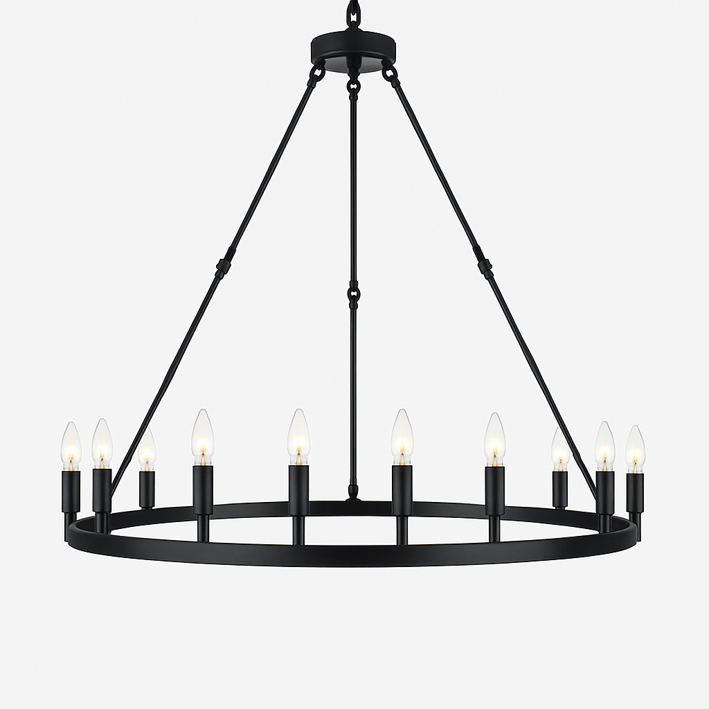 18-Light Wagon Wheel Chandelier Black Finish, 38"x40" Rustic Wrought Iron Vintage Barn Industrial Ceiling Light