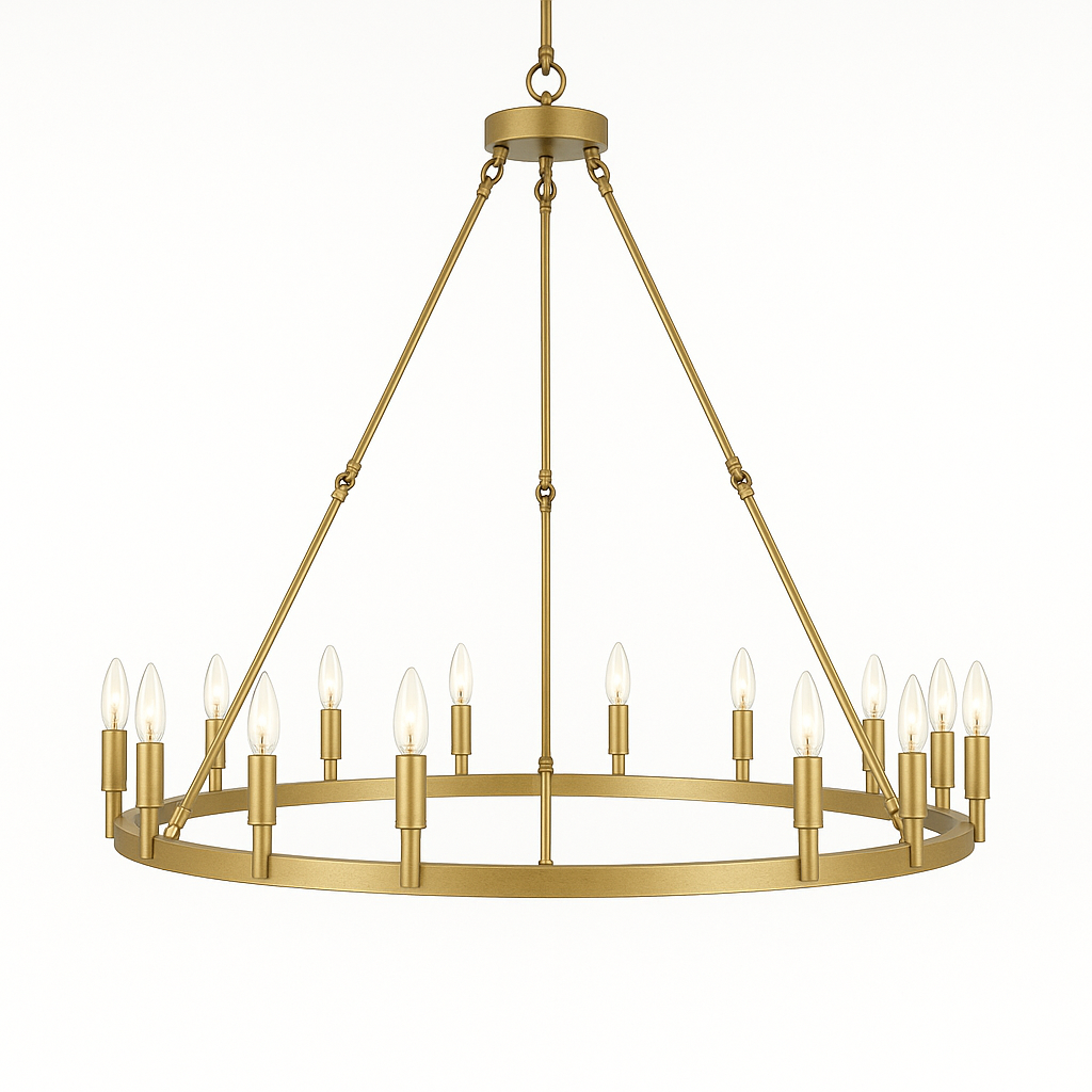 18-Light Wagon Wheel Chandelier Gold Finish, 38"x40" Rustic Wrought Iron Vintage Barn Industrial Ceiling Light