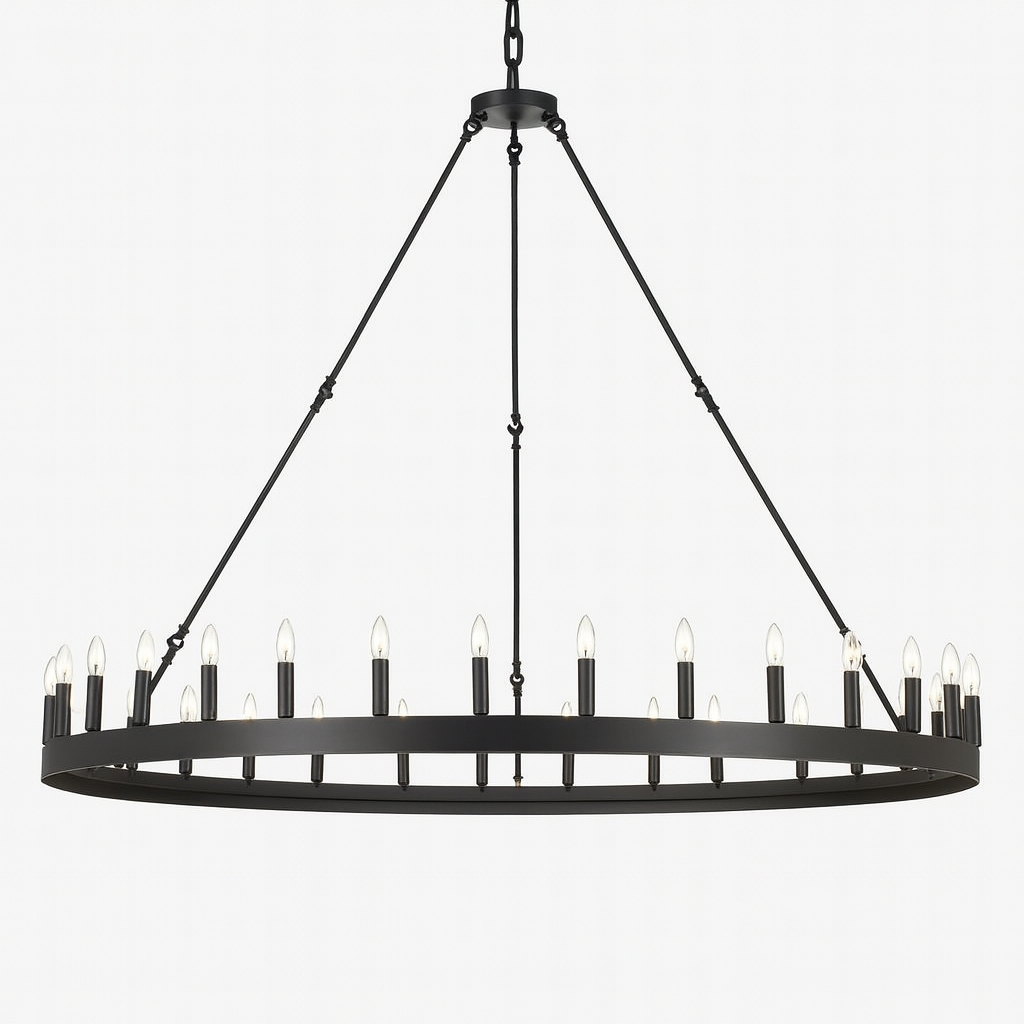 24-Light Industrial Rustic Chandelier Black Finish, 50"x48" Wrought Iron Vintage Barn Castile One-Tier Fixture