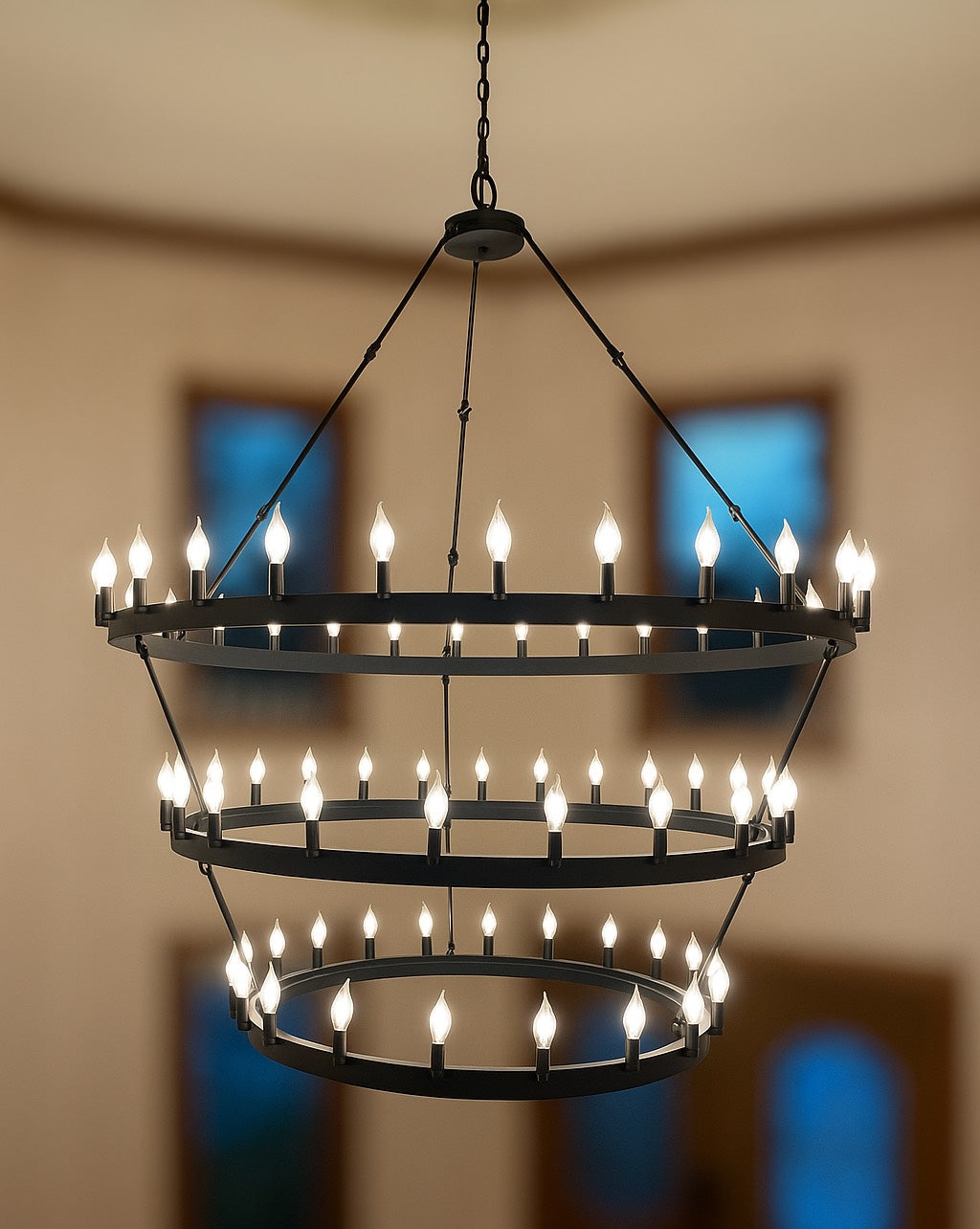 72-Light Industrial Wagon Wheel Chandelier Black Finish, 63"x75" Extra Large Rustic Wrought Iron Three-Tier Lighting