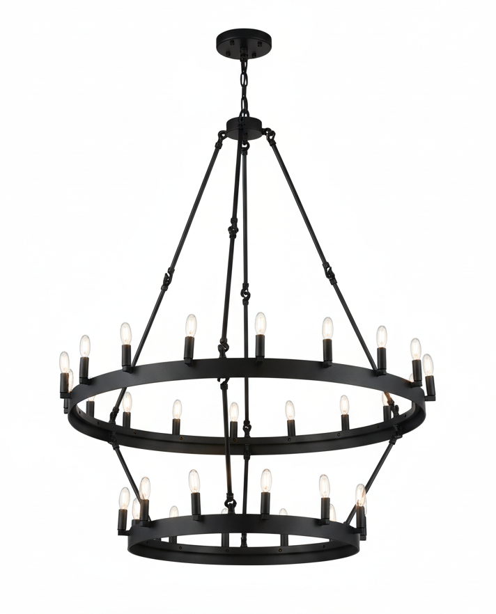 30-Light Elegant Chandelier Black Finish, 38"x50" Rustic Wrought Iron Vintage Barn Castile Industrial Loft Lighting