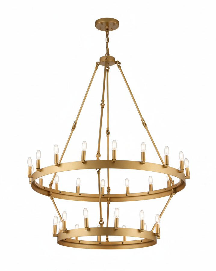 30-Light Elegant Chandelier Gold Finish, 38"x50" Rustic Wrought Iron Vintage Barn Castile Industrial Loft Lighting