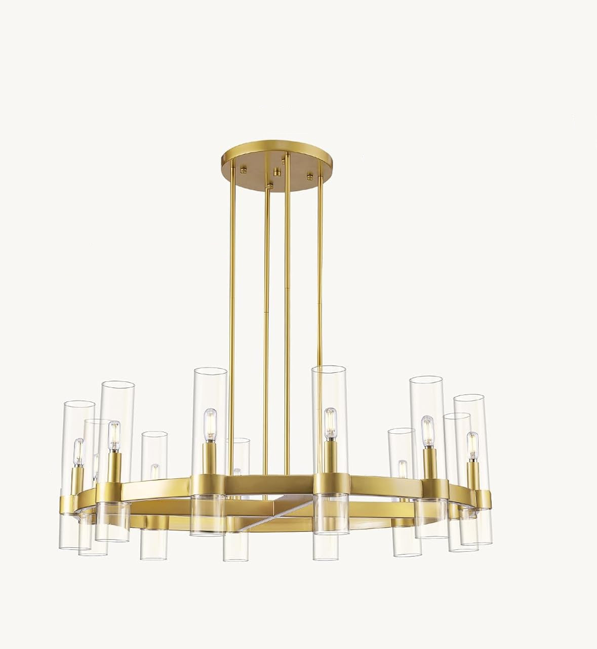 12-Light Vintage Rustic Round Chandelier Gold Finish, 36" Farmhouse Barn-Style Metal Industrial Loft Ceiling Light