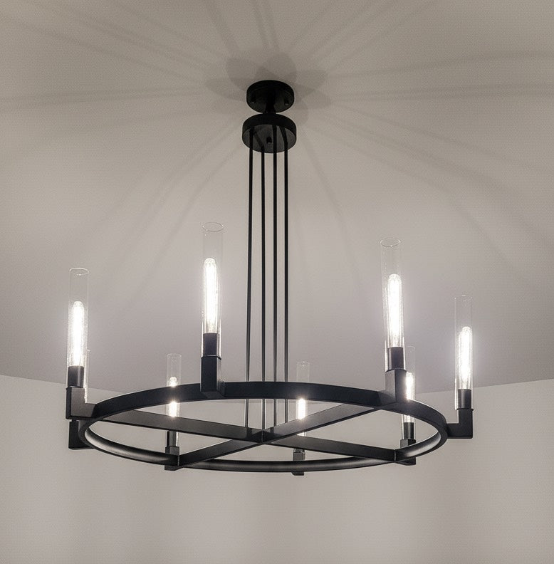 8-Light Round Chandelier Black Finish, 48" Rustic Vintage Barn Metal Industrial Loft Ceiling Lighting Fixture