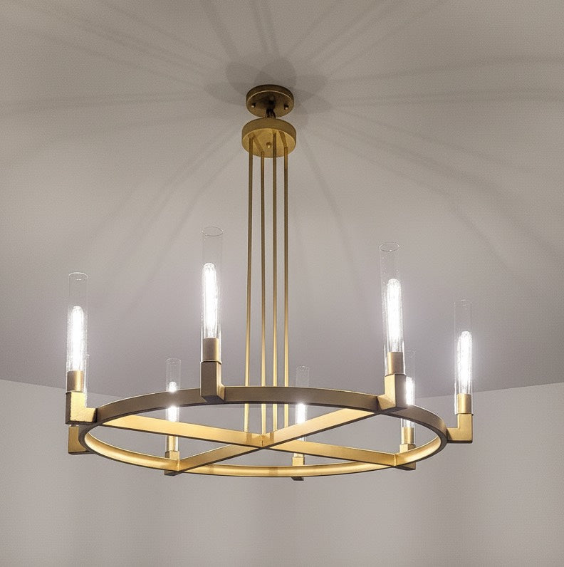 8-Light Round Chandelier Gold Finish, 48" Rustic Vintage Barn Metal Industrial Loft Ceiling Lighting Fixture