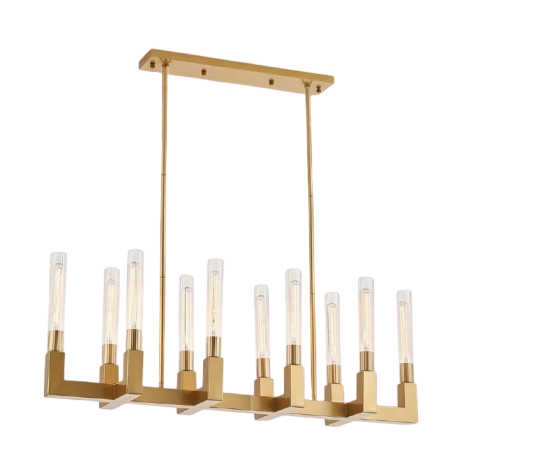 10-Light Industrial Rustic Linear Chandelier Gold Finish, 55" Vintage Charm Barn Metal Farmhouse Lighting