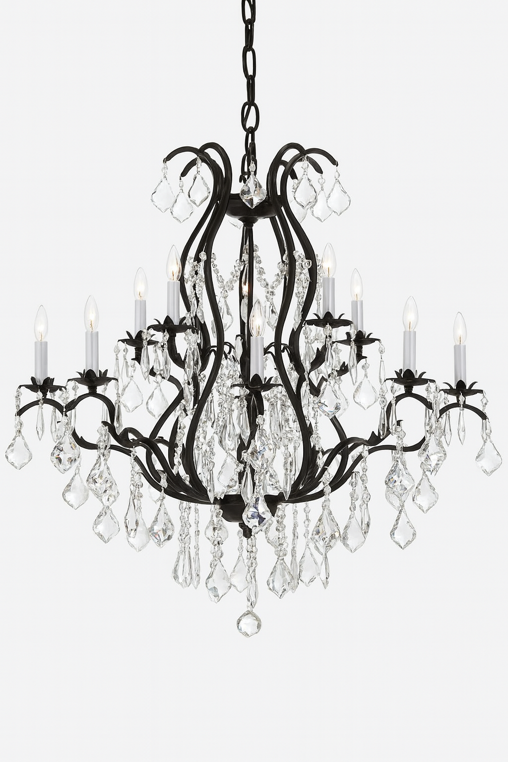 15-Light Wrought Iron Crystal Chandelier Black Finish, 36"x36" Large Rustic Vintage Barn Metal Ceiling Light