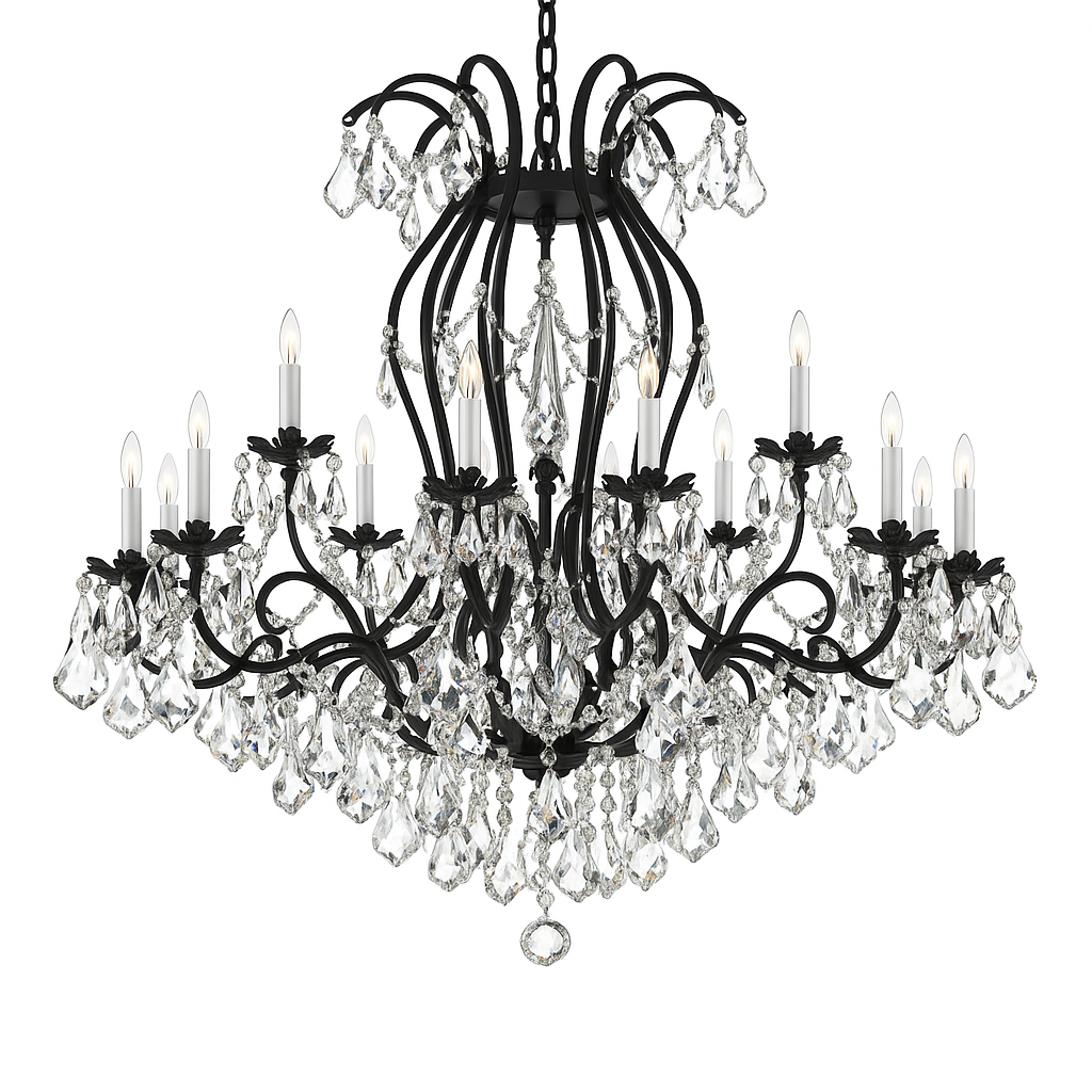 24-Light Wrought Iron Crystal Chandelier Black Finish, 46"x46" Large Rustic Vintage Barn Metal Ceiling Light