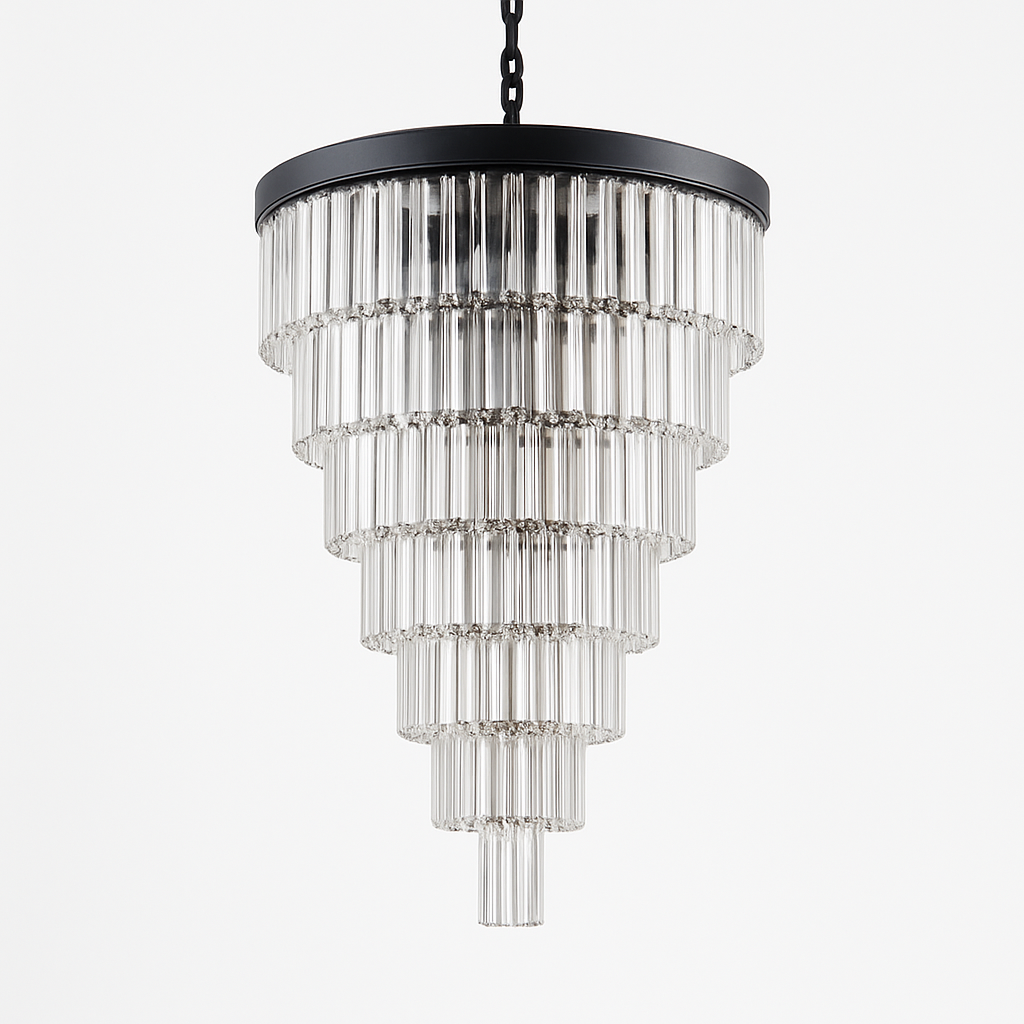 28 Lights Retro Glass Fringe Chandelier, Palladium Style 7-Tier Elegant Ceiling Fixture, 30" x 49"